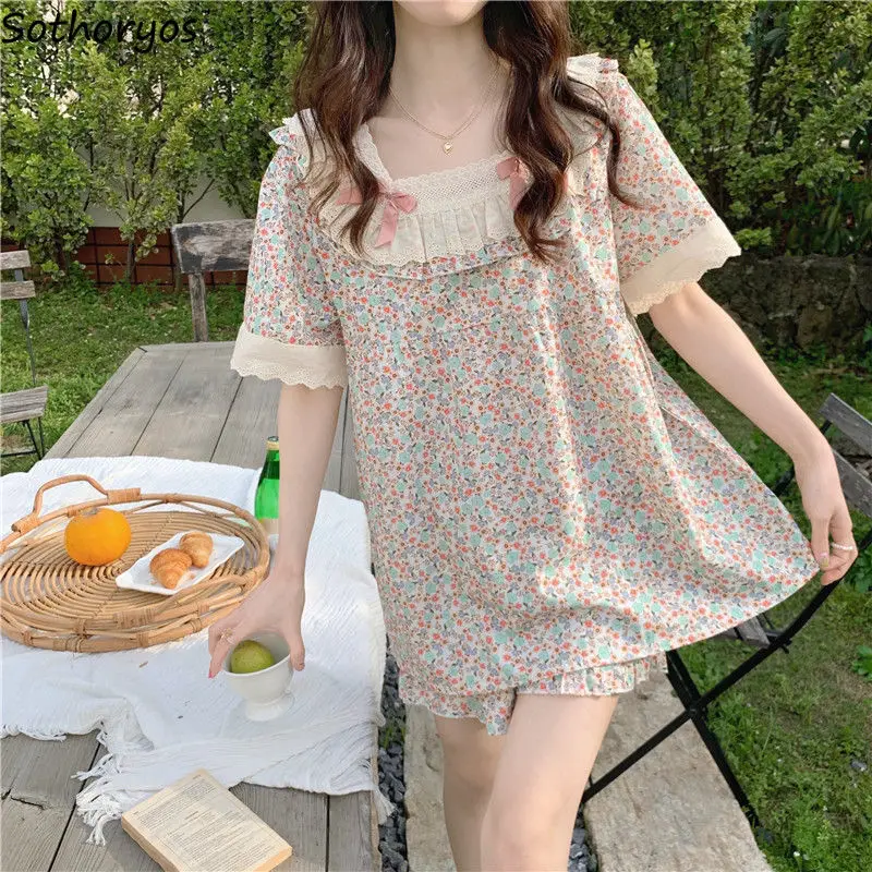 

Pajama Sets Women Lovely Floral Casual Retro Lace Chic Baggy Ulzzang Female Daily Square Collar Soft Elegant Summer Sleepwear