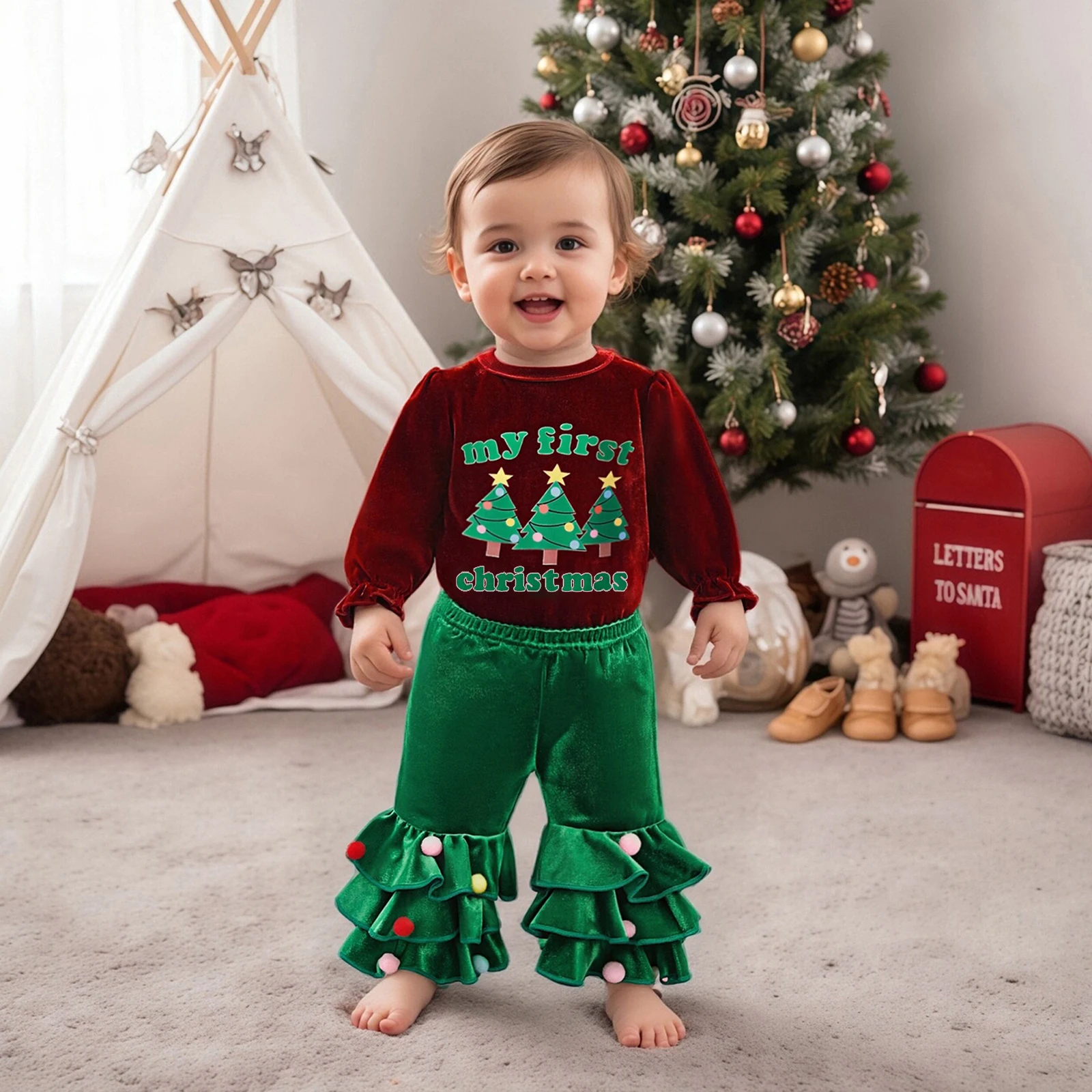 

Suefunskry Newborn Baby Girls First Christmas Outfit, Letters Tree Print Romper with Poms Decor Flare Pants Clothing Set