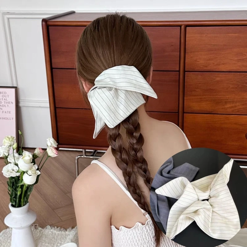 

Korean Striped Square Scarf Large Intestine Headband Low Temperament Ponytail Headband Elastic Big Hair Tie Hair Accessory
