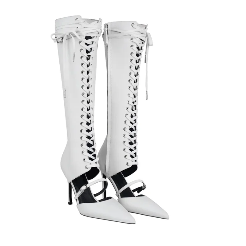 

Lace Up Matte Leather Knee High Boots Sexy Pointed Toe One Word Belt Hollow Out New Arrivals Fashion Women Modern Boots