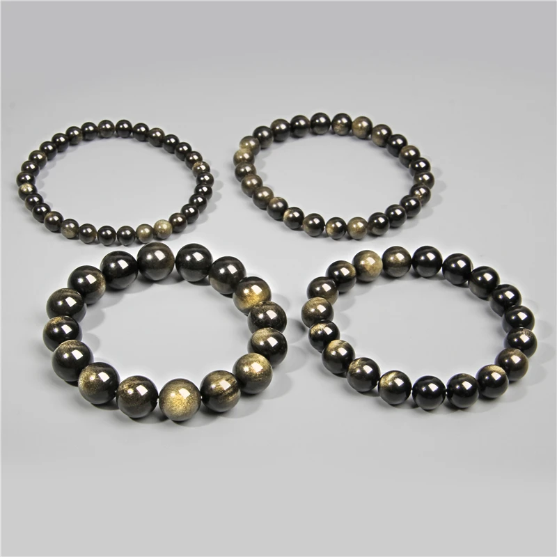 Black Gold Color Obsidian Beaded Stretch Bracelets 6-12mm Natural Stone Beads Bracelet Bangles Women Men Charm Energy Jewelry