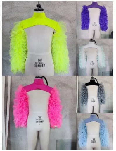 Bubble Mouw Vest Sexy Vrouwen Jazz Dans Kostuum Bar Danseres Zangeres Dragen Halve Tops Fluorescerende Rozen Gaas Schouder