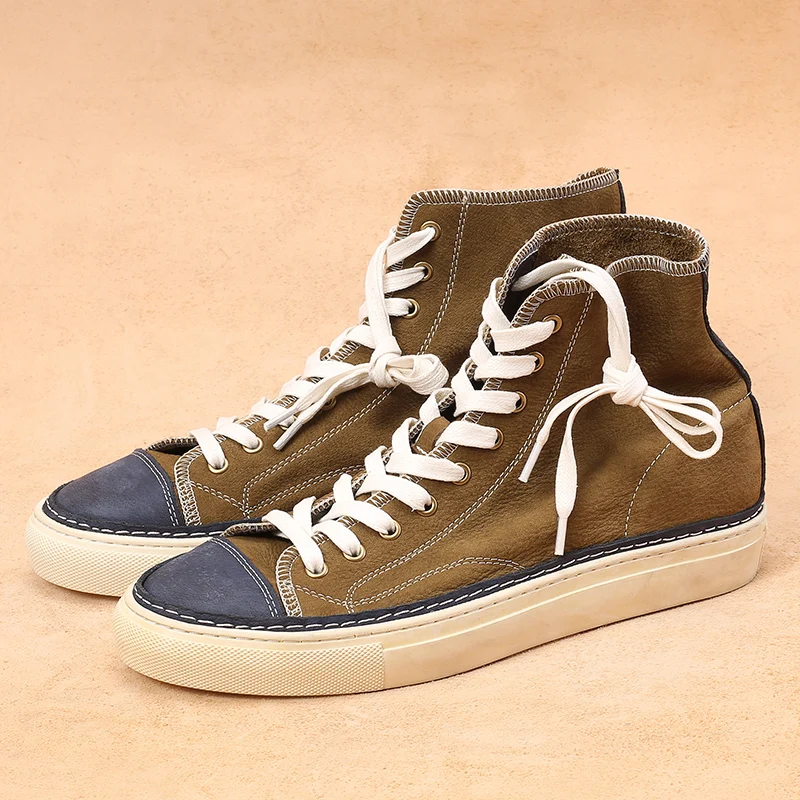 

Genuine Leather Canvas Shoes Men's High Top Retro Breathable Trend Cowhide Sports Casual Shoes Male Sneakers Flats Spring Autumn