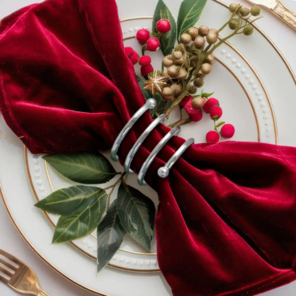 6pcs Gold/Silver Spring Shape Napkin Ring Double Beads Metal Christmas Napkin Buckle Reusable Table Napkin Holder Hotel