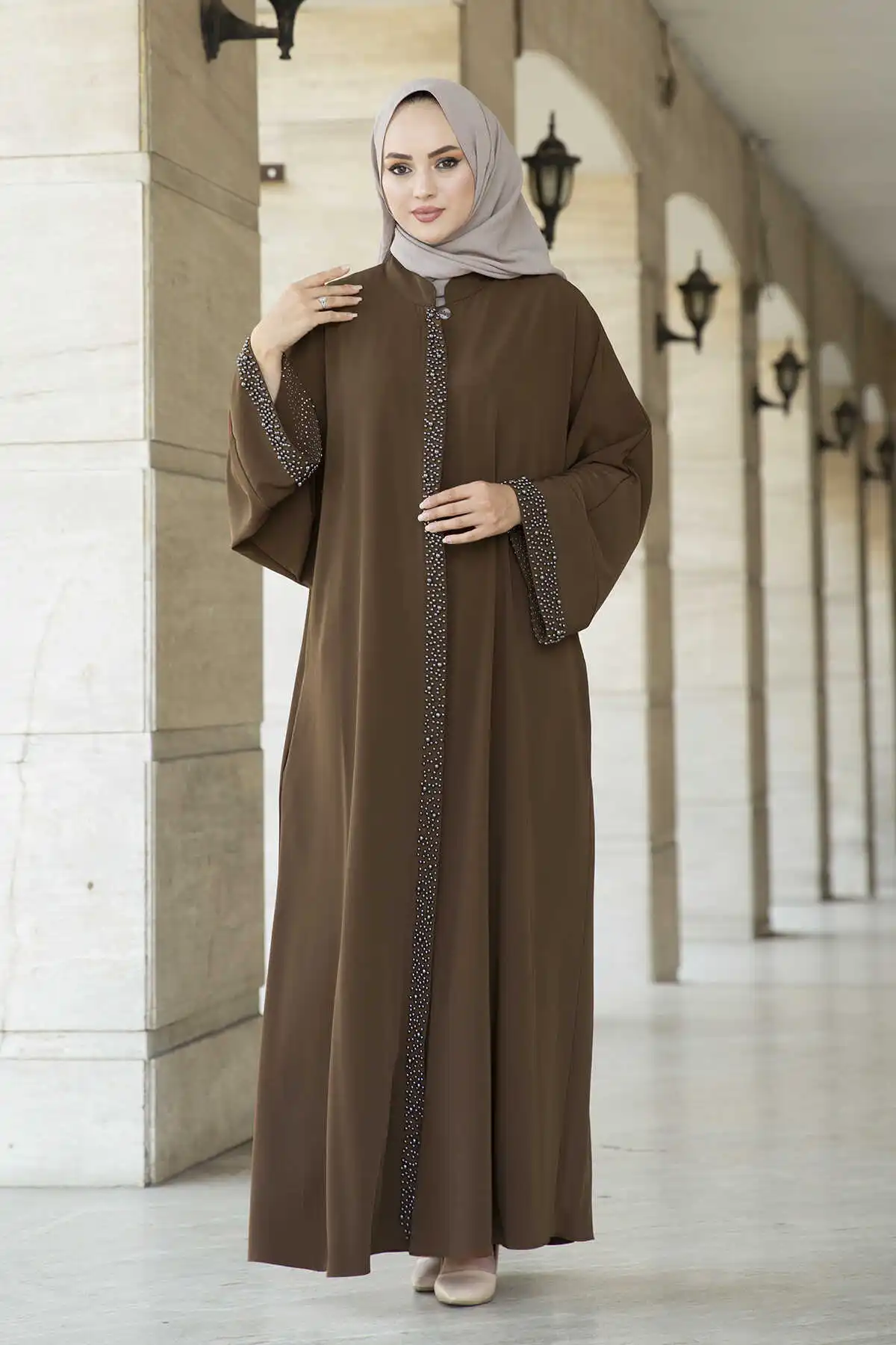 Perla dettagliata elegante Abaya Ferace ASH-inverno autunno 2021 donne musulmane Hijab foulard tacchino islamico