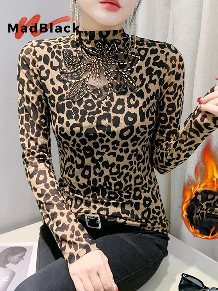 

MadBlack-Женская флисовая футболка в европейском стиле, сексуальная водолазка с леопардовым принтом и бриллиантами, уличная тонкая футболка с длинными рукавами, осень 202, T5O073CC