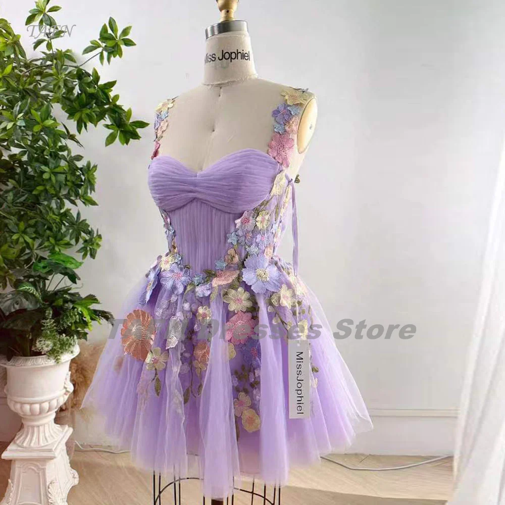 

TAFN Pastrol Mini Prom Gown A-line Floral Appliques Evening Party Dresses Sweetheart Pleat vestidos de festa Lace-up