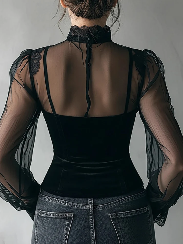 Vintage elegante malha blusa feminina malha preta pura magro alta pescoço renda gótico punk espartilho topo manga longa veludo moda blusas