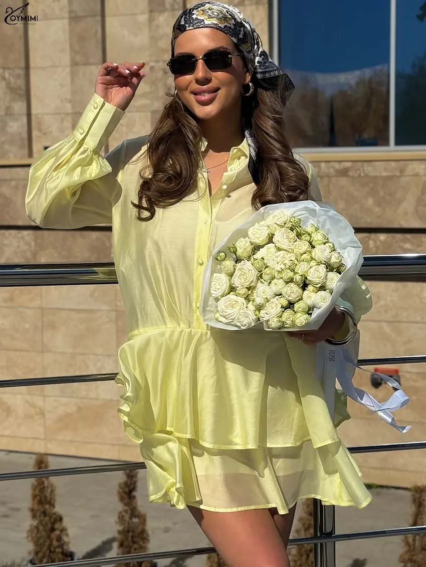 

Oymimi Casual Yellow Loose Women's Dress Elegant Lapel Long Sleeve Button Dresses Fashion High Waist Pleated Mini Dresses Female