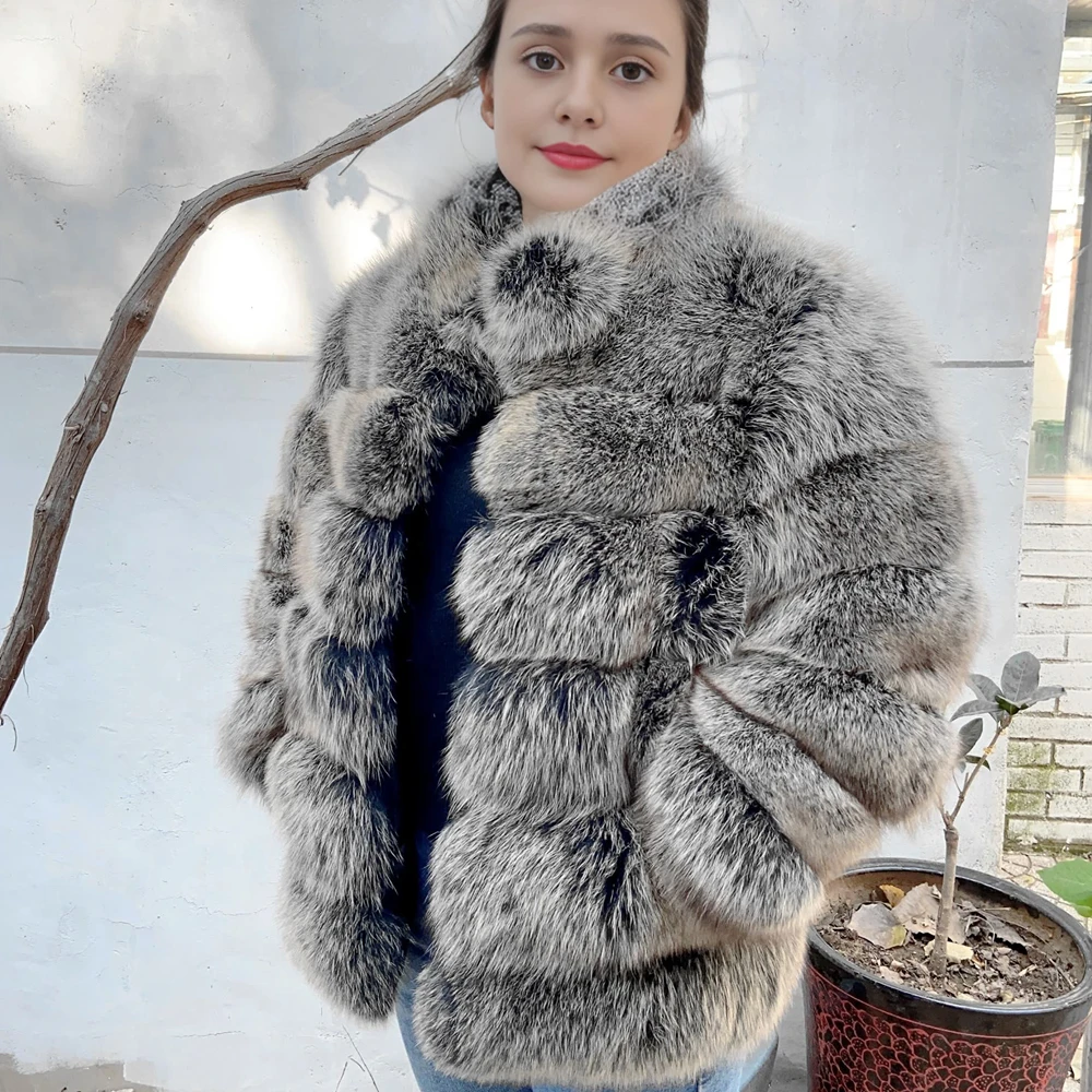 QUEENTINA Winter New Women\'s Cold Real Fox Fur Coat With Collar Especially Overcoat Leather Female Natural Plus Size 2023 Luxury