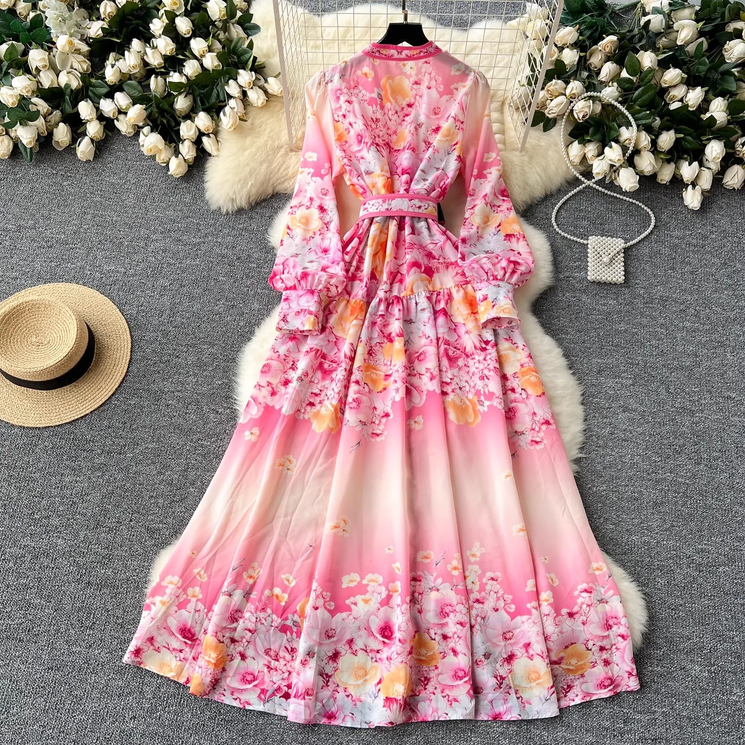 Elegante Herfst Roze Prachtige Bloem Vakantie Lange Jurk Boho Vrouwen V-Hals Lantaarn Mouw Print Chiffon Riem Maxi Robe Vestidos