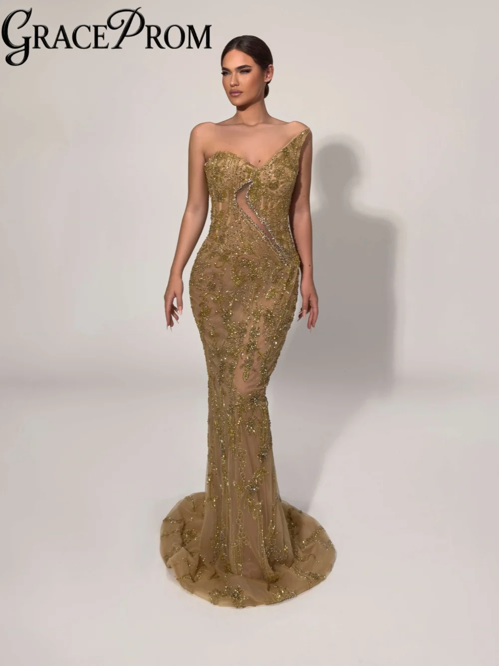 

Golden Beaded Mermaid Long Evening Dress Illusion Sleeveless Mermaid Formal Party Gown 2026 Customized Charming Banquet Gowns