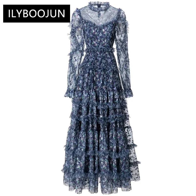 

Autumn Mesh Dress Women O-Neck Lantern Sleeve Ruffle Flower Print Blue Vintage Dresses For Women 2023 Luxury Brand High Quality