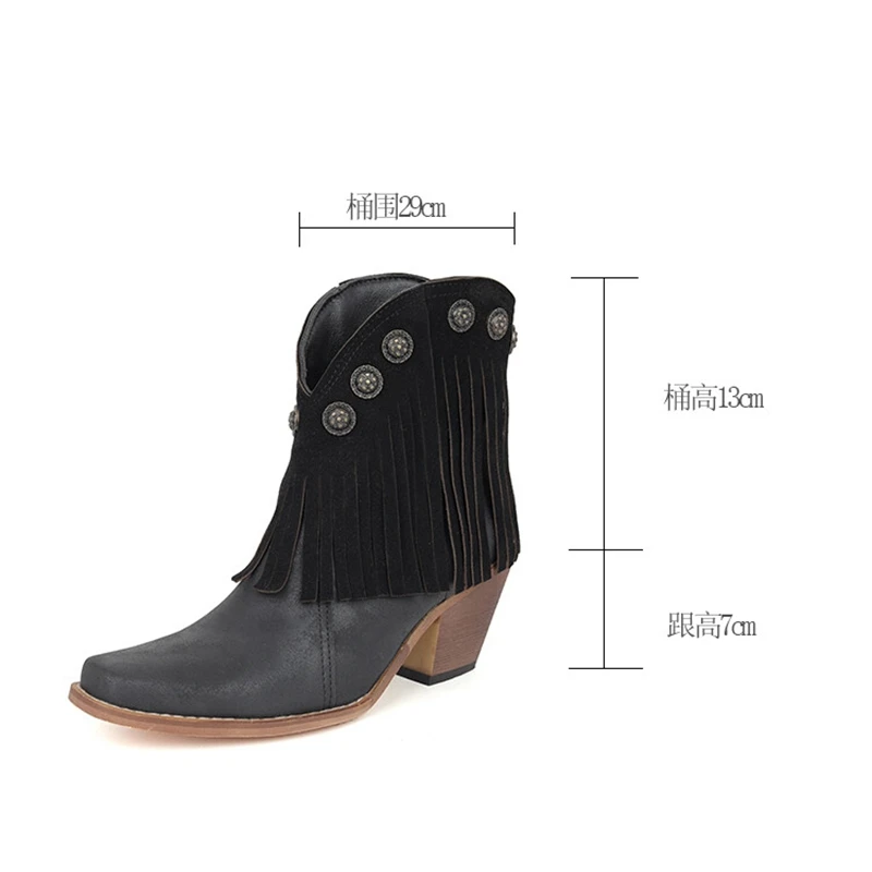 

ORCHALISA Women Ankle Boots Tassels 7cm Heel Slip On Westen Cowboy Boots Black Big Size 41 42 43 44 45 46 US15 US14 US13