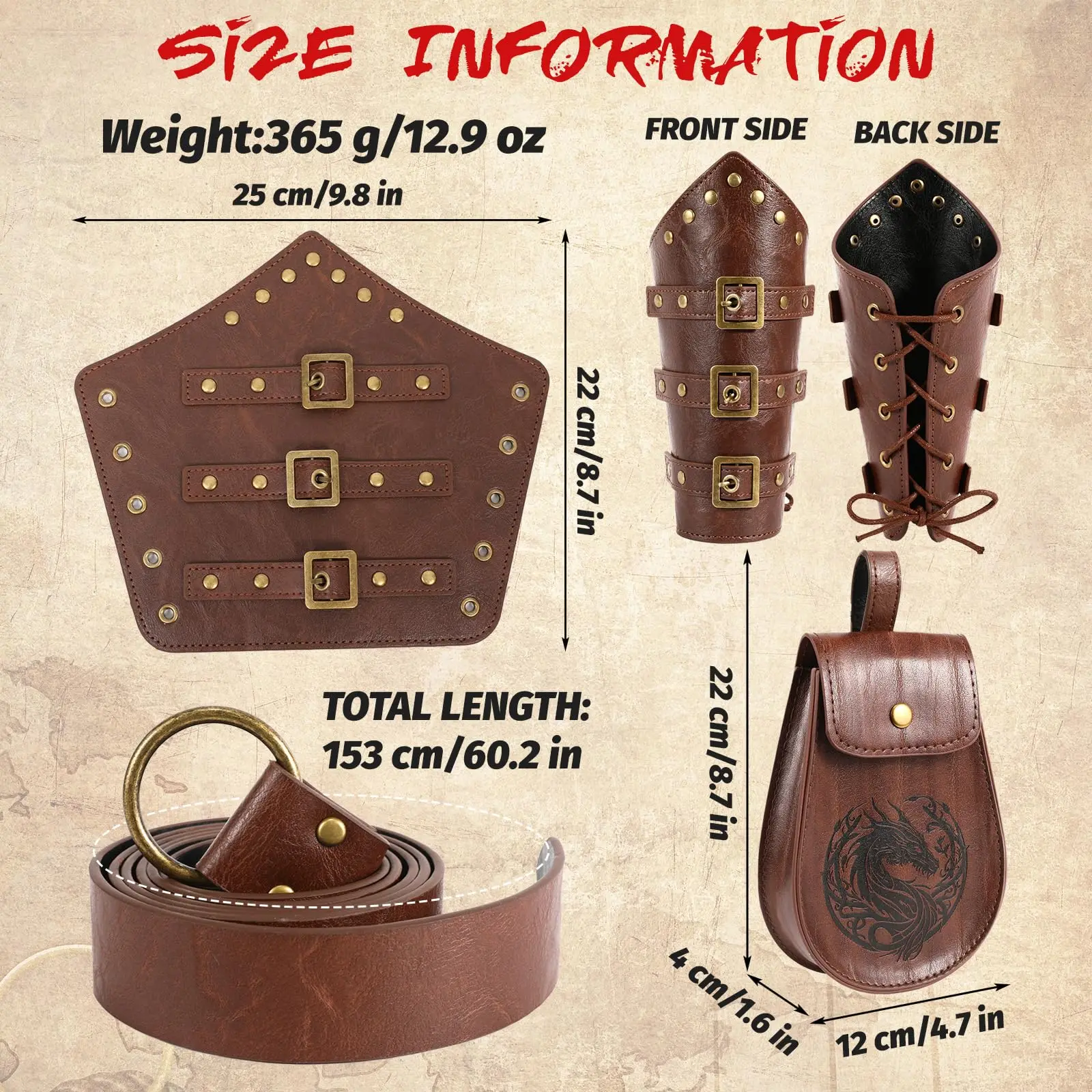 4 SZT. Renesansowe Akcesoria Średniowieczne Wikingowskie Pas Skórzane Nakładki na Ręce Torba Kostium Męski Damski na Halloween Reniferowice Cosplay Rekwizyty