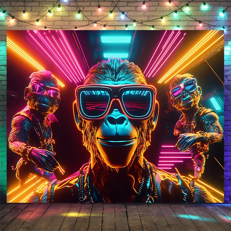 Neon Monkey Tapestry, Cyberpunk Ape Wall Hanging, Sci-Fi Robot Art Dorm Decor, Colorful Gamer Room Blanket for Boys