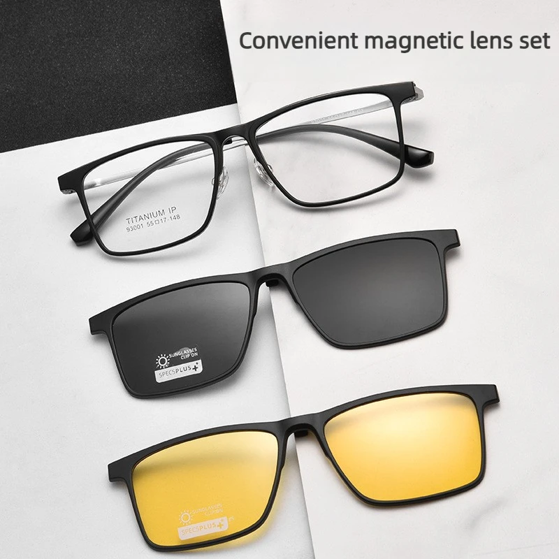 

New Titanium Alloy Magnetic Prescription Eyeglasses Men's Retro Square Driving Anti-Glare Polarized Sunglasses Magnet Lens UV400