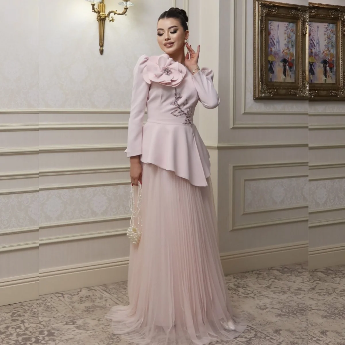 

Customized Elegant Fashion Jersey Handmade Flower Beading Sequined A-line High Collar Long Dresses Bespoke Occasion Dresses