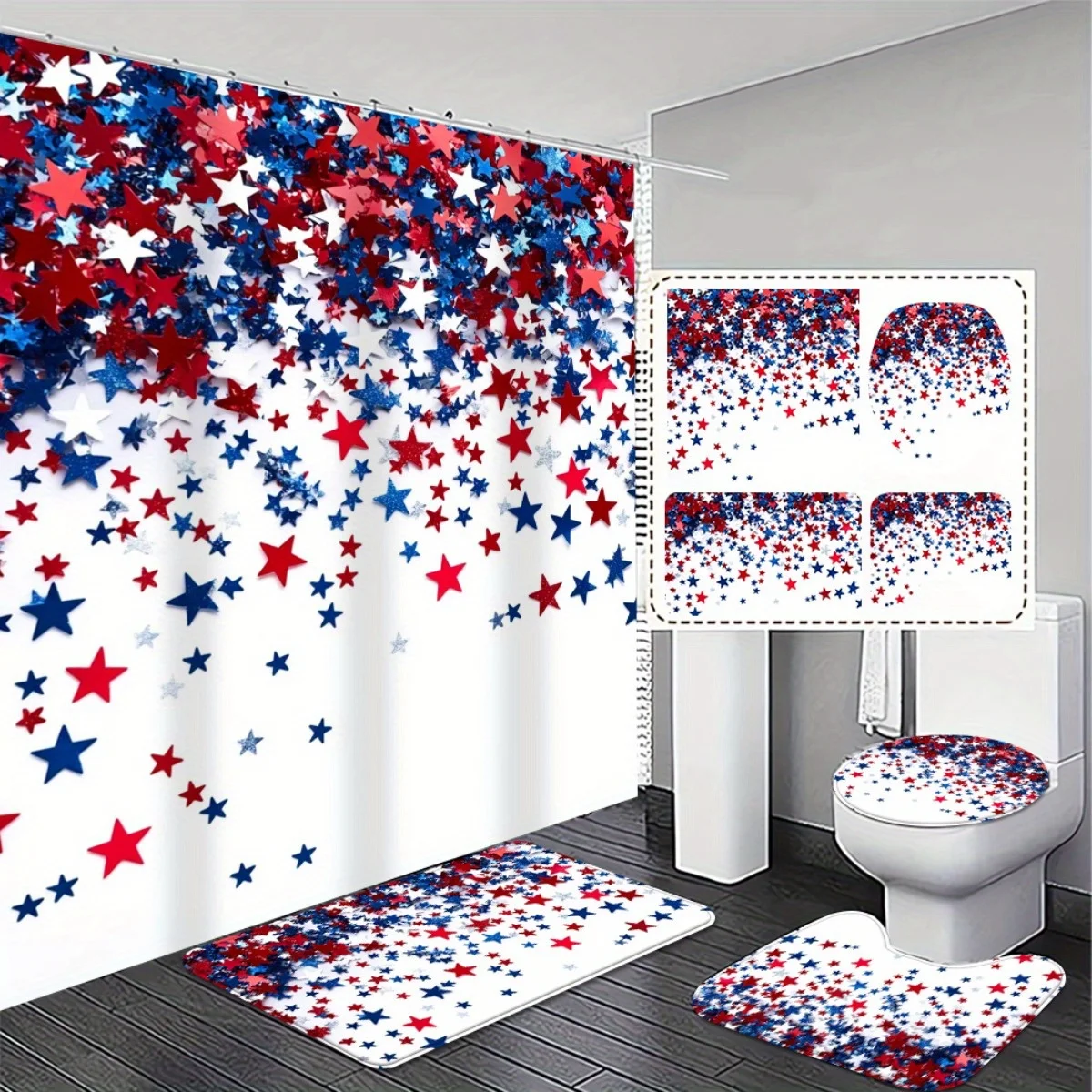 

4pcs Patriotic Star Shower Curtain Set - High Quality and Light-Blocking Bath Curtain with Matching Non-Slip Rugs and Toile