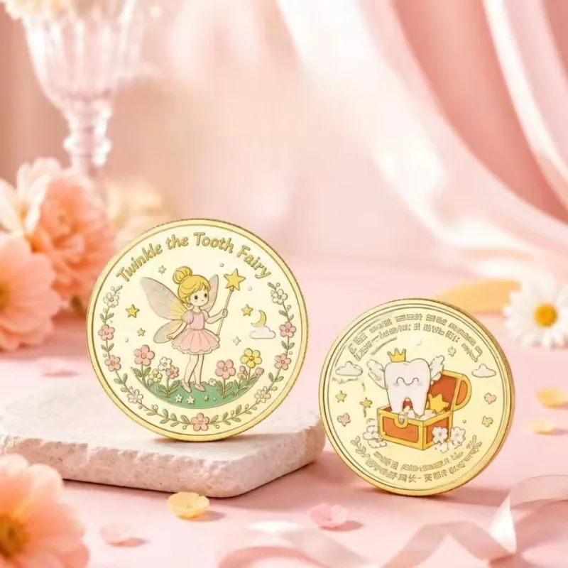 Twinkle Tooth Fairy Gold Plated Zinc Alloy Print Coin Shape HD Color Fairy Design Children's Tooth Swap Gift Collectible