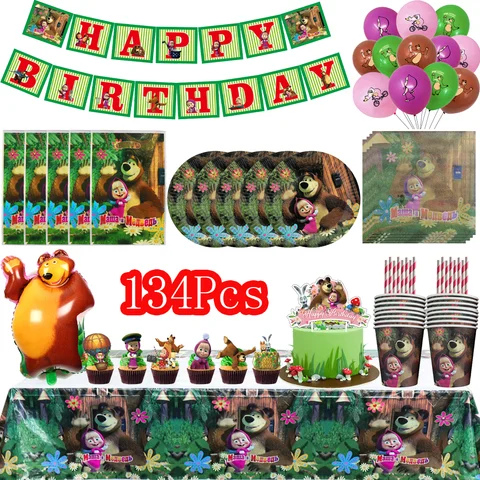 Cartoon Bear Birthday Party Decoration Disposable Tableware Plate Tablecloth Cake Topper Banner Backdrop Girl Kid Party Supplies
