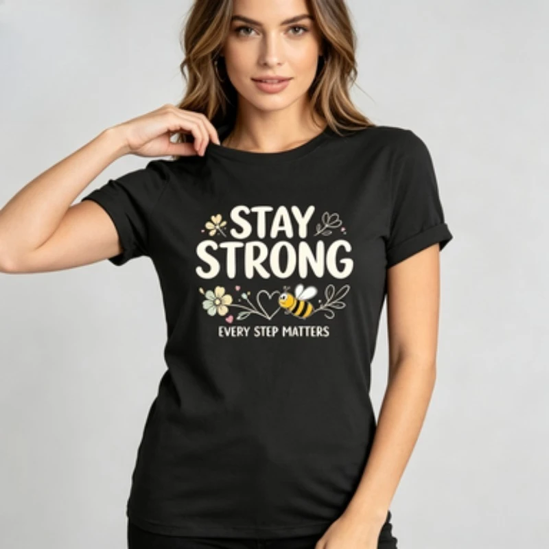 Ladies Slim Round Neck T‑Shirt,Inspirational Health Care Printed Tee,Fashion Cartoon Bee Graphic Short Sleeve Top For Casual