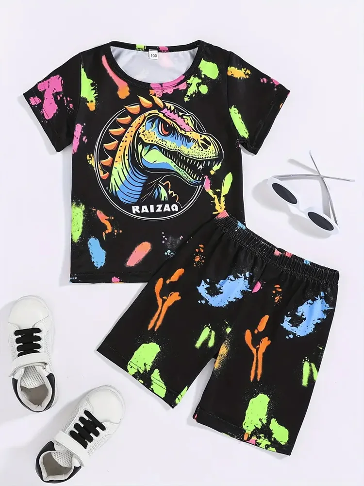 New Summer Kids Tracksuits T Shirt Suits 3D Dinosaur Print Fashion Round Neck Tshirts Shorts Suit Children Boys Girls Streetwear