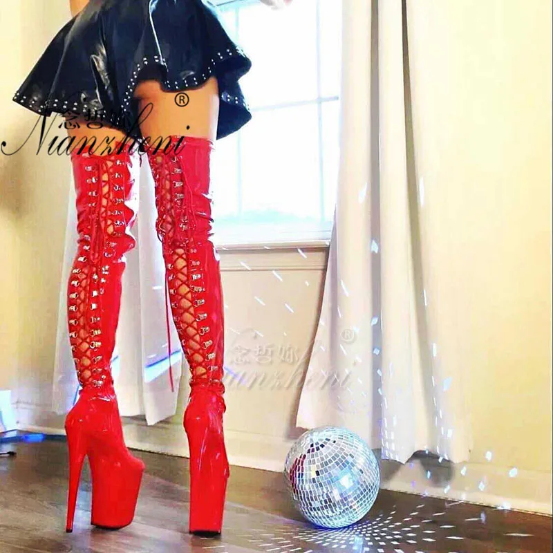 20cm High Heel over the knee Long Boots 8 inch Pole Dance shoes Stripper platform Exotic Lace Up Red Queen Gothic Clubbing Punk