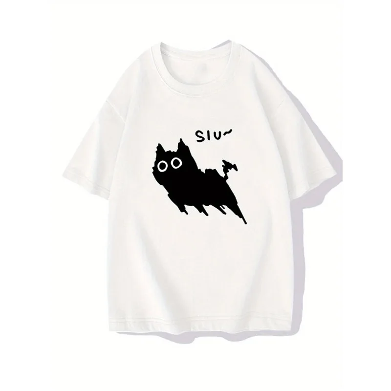 

Fun Running Cat Printed T-shirt Round Neck Short Sleeve Jumping Mesh Cat Design Breathable T-shirt Party Casual Women's T-shirt