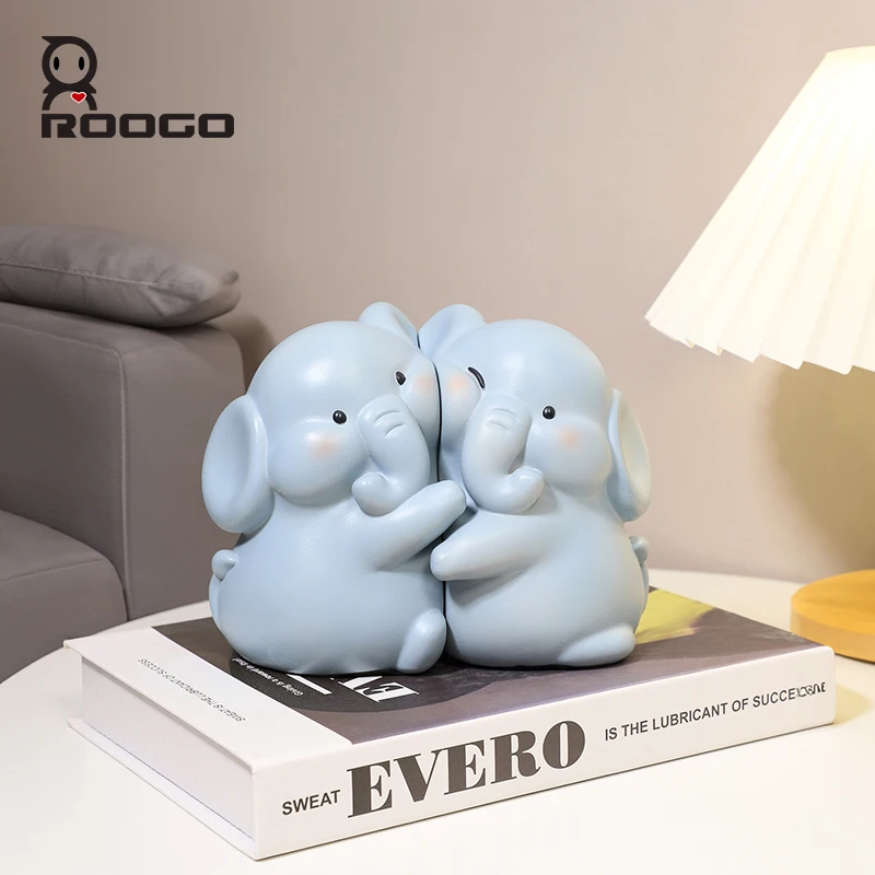 Roogo  Cute Elephant Resin Figurine Non-Slip Bookends Set for Home Decorations of Bookshelves Study Desk Decorative Bookends