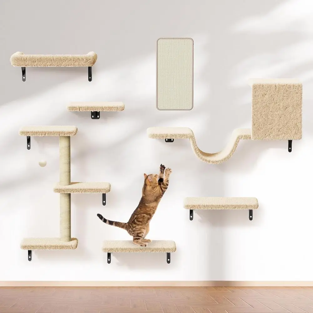 

White 7-in-1 Wall-Mounted Cat Climbing Set with Shelves and Scratching Post for Large Cats