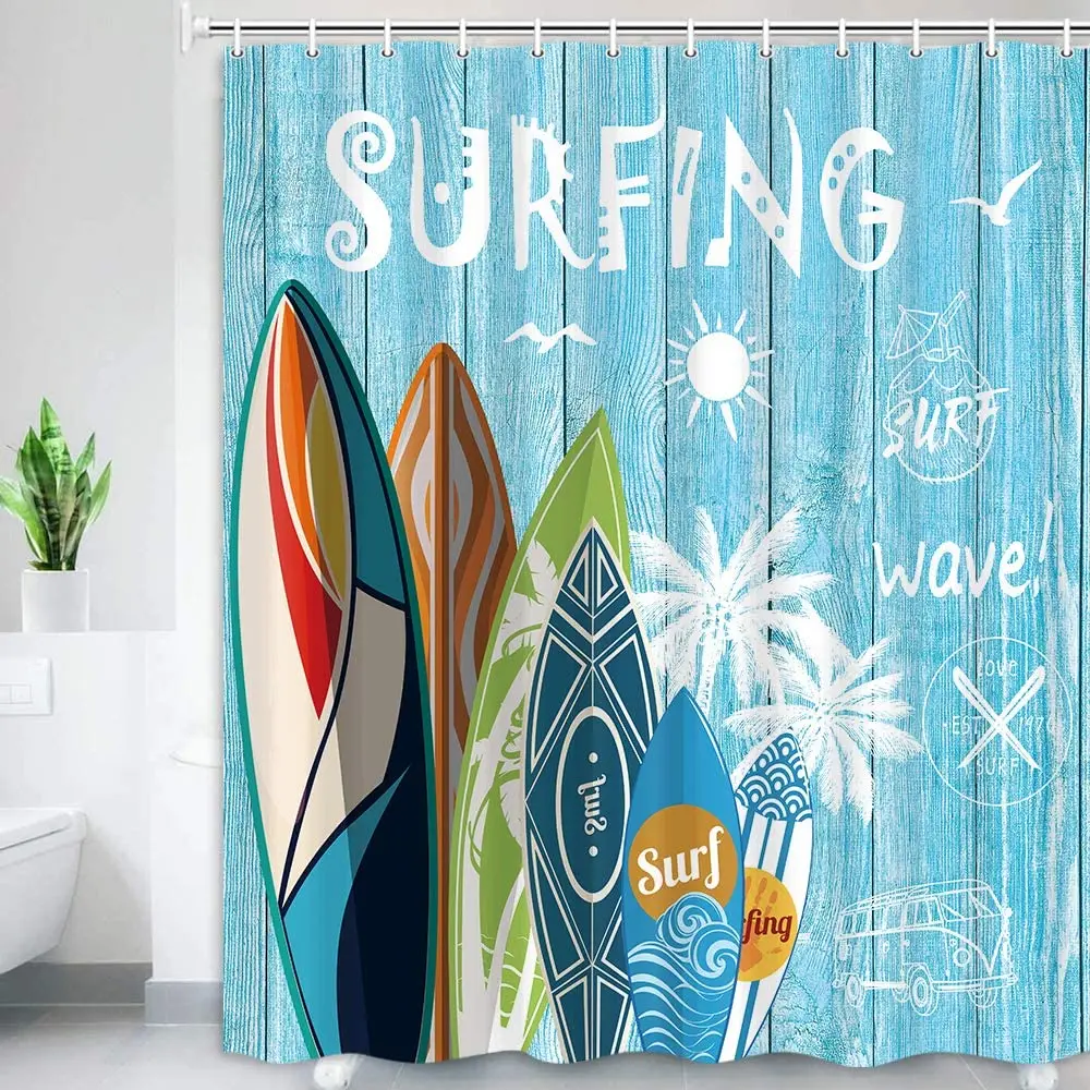 Beach Shower Curtain Summer Surfing Tropical Surfboard Palm Tree on Teal Blue Rustic Wooden Plank Fabric for Bathroom Curtains