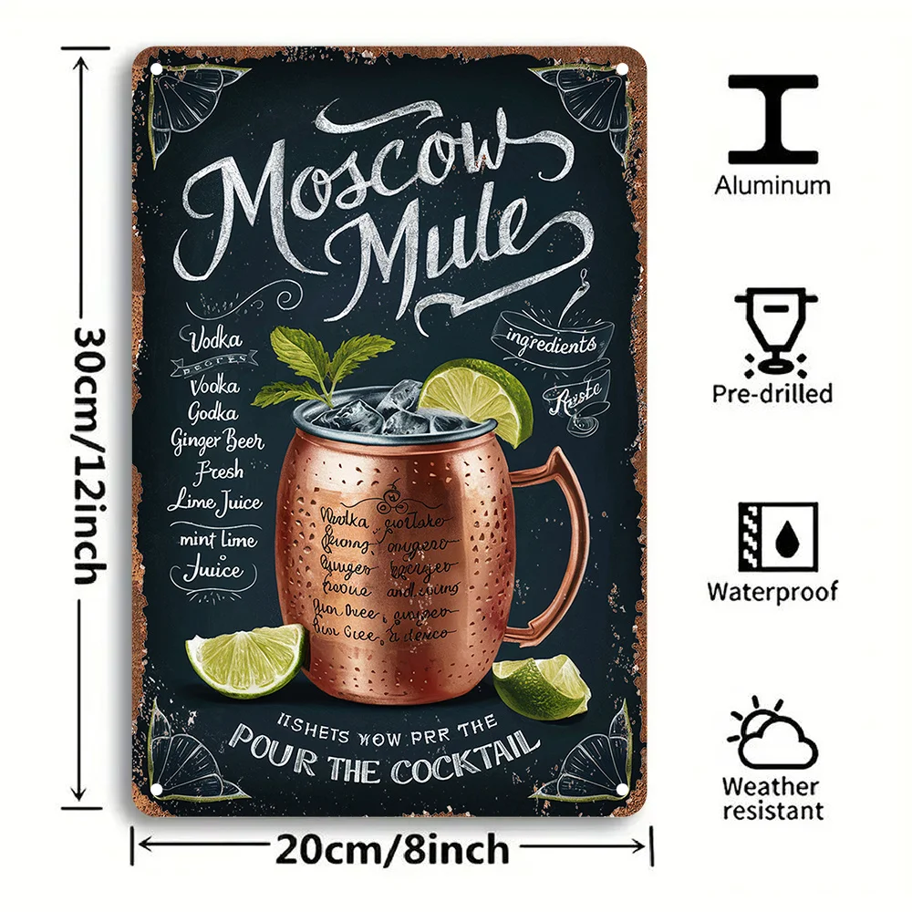 لافتة فنية جدارية من الألومنيوم على الطراز العتيق "Moscow Mule" تصميم أنيق للمكونات المخطوطة والمصورة