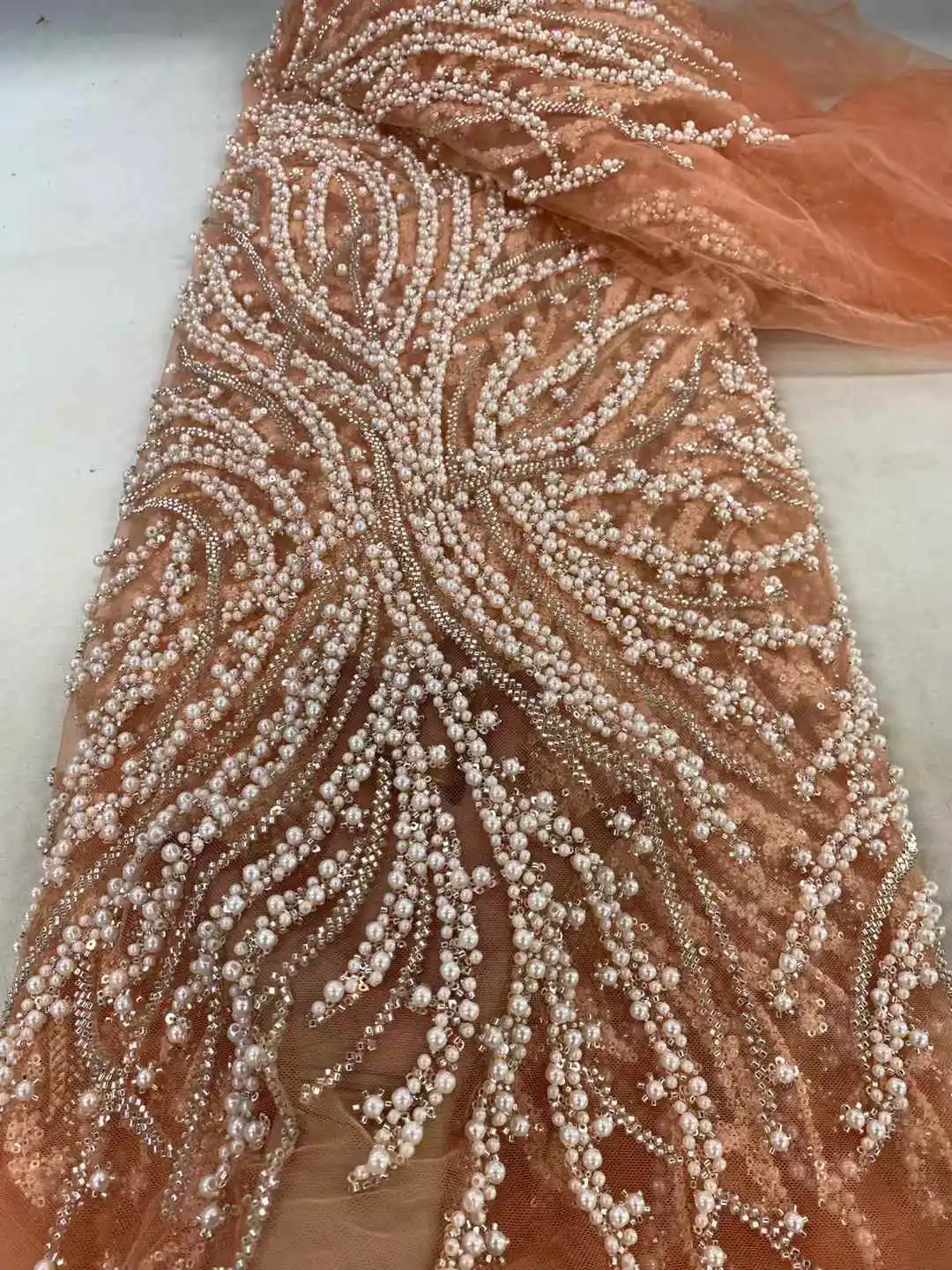 2024 High Quality African Handmade Beaded Lace Fabirc Nigreian Embroidery Sequins Lace Fabric Women Wedding Dress