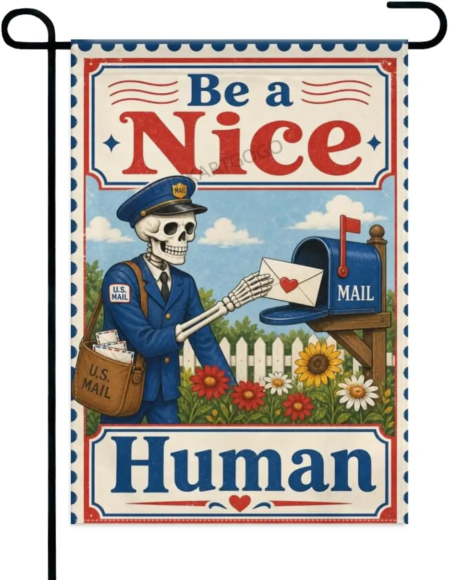 Skeleton Garden Flag Skeleton Mail Carrier by Mailbox and Daisies Be a Nice Human 12x18 Inch Double Sided Polyester Yard Fla aaz
