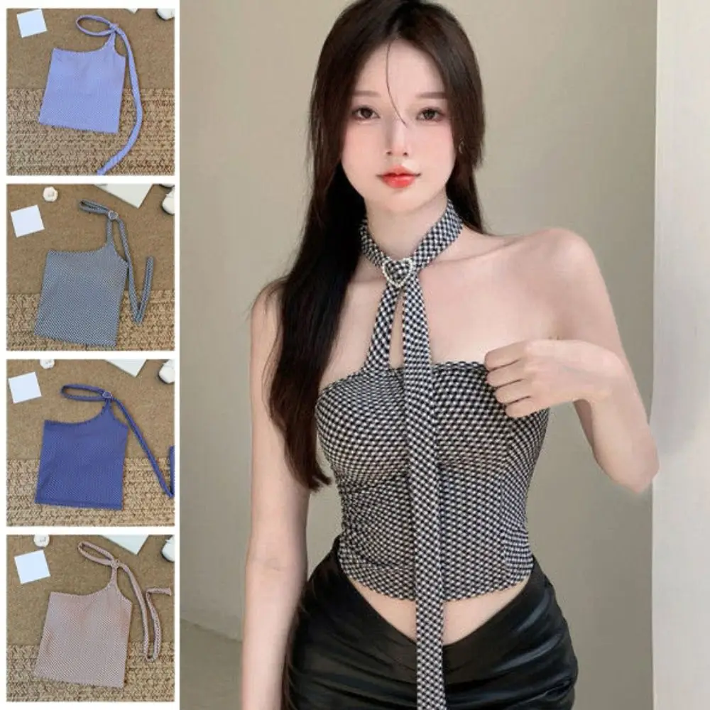 

Fashion Lace-up Skinny Halter Camisole Spicy Girl Style Undershirts Sleeveless Crop Top Irregular Slim Fit Checkered Vest Women