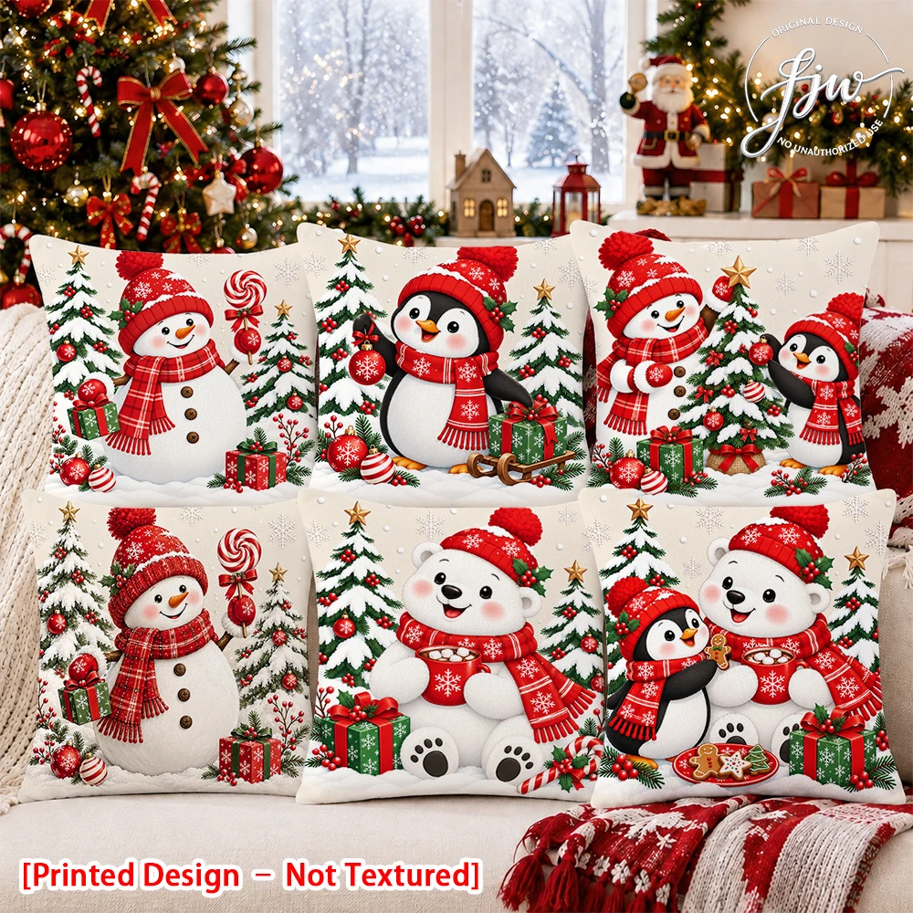6pcs Christmas Throw Pillow Covers Snowman Penguin Polar Bear, Cute Xmas Holiday Decor for Sofa Couch Bed