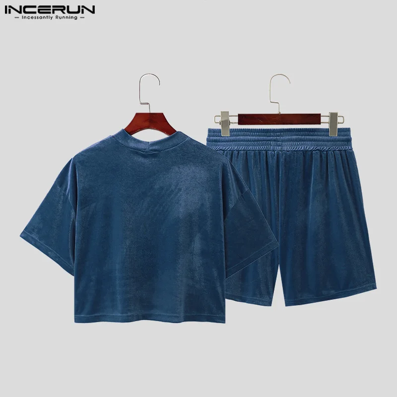 INCERUN Men Sets Solid Color Velour O-neck Short Sleeve Crop Tops & Shorts Two Pieces Sets Streetwear 2024 Fashion Men\'s Suits