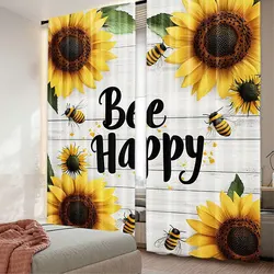 2Pcs Bee Happy Curtain Honeybee Sunflower Sunny Floral Garden Plant Leaves Suitable For Bedroom Bathroom Living Room Dining Room