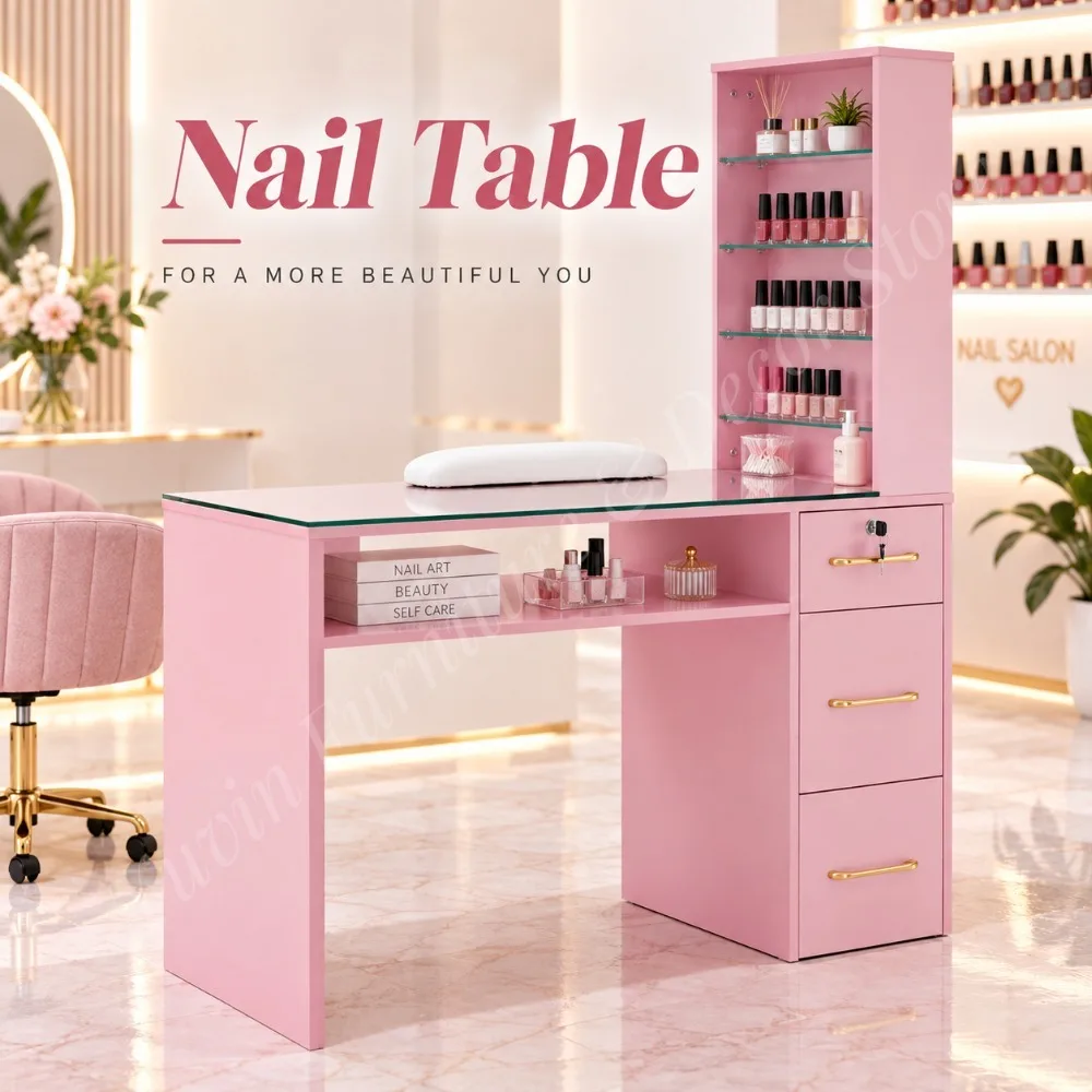 Professional Manicure Table Organized Nail Desk Stylish Nail Salon Station with Lockable Drawer Glass Top and Shelves for Salon
