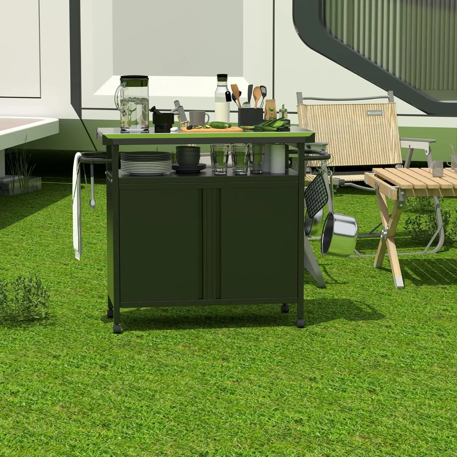 Outdoor Grill Cart With Storage On Wheels - 32 ""H Outdoor Grill Table,Stainless Steel Top,Black (Hooks Not Included)