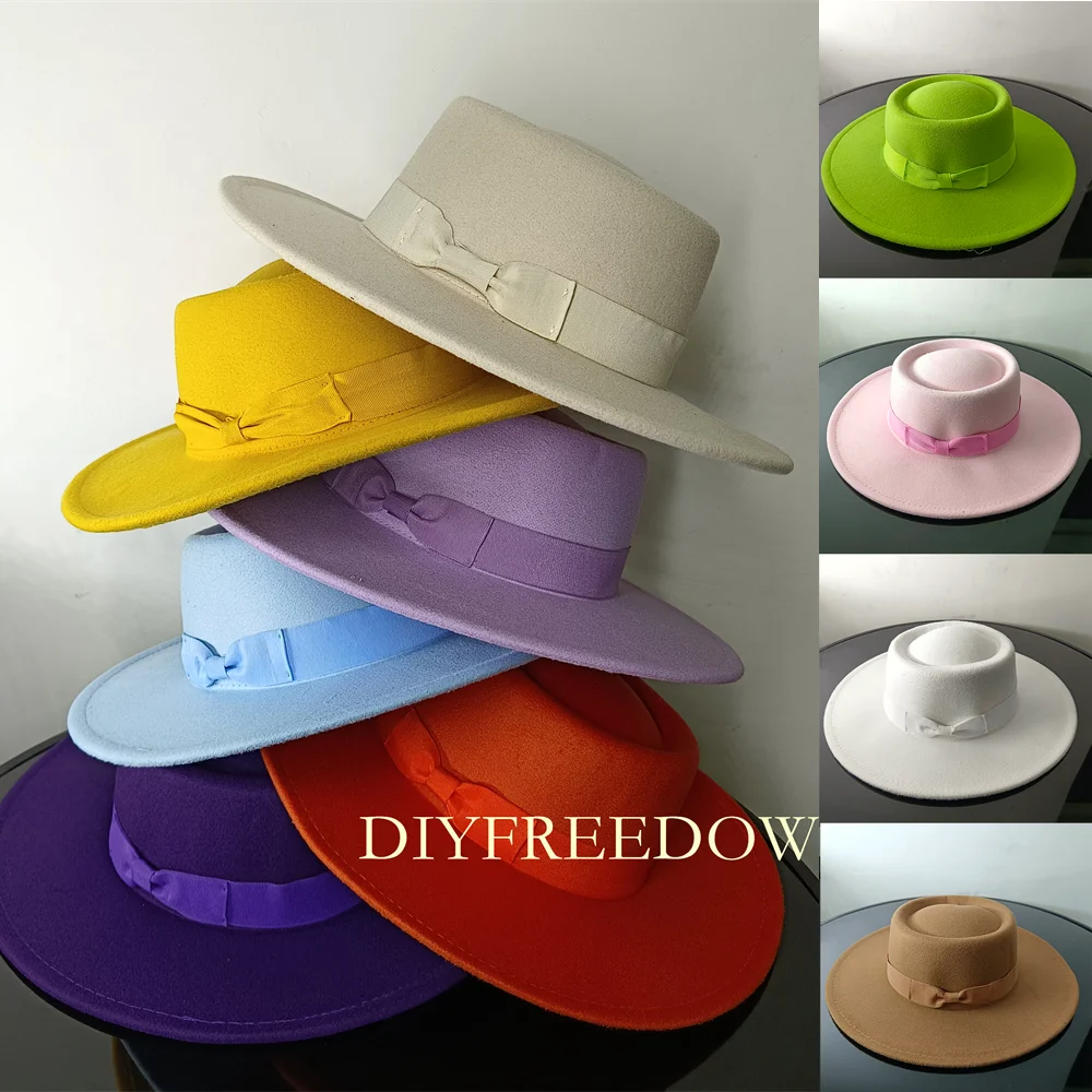 Fedora Hat for Women Men Flat Top Concave Design Autumn Winter Bow Tie Jazz Hat Colorful Unisex Fedora Wide Brim Hat Panama 2022