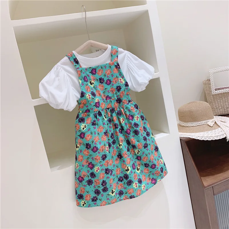 Summer New Baby Girls Clothing Set Countryside Flower Strap Skirt+Fashion Bubble Sleeves Cartoon Short Sleeve Top 2Pcs Suit