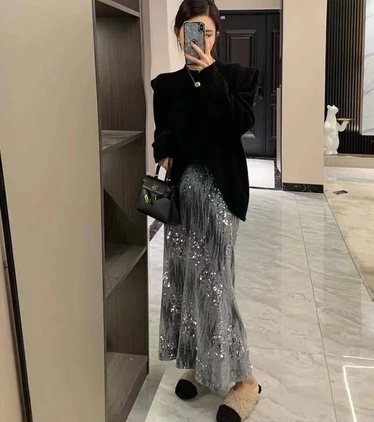 

Chic Velvet Fishtail Skirt Women Clothing High Waist A-line Saia 2024 Faldas Mujer De Moda Heavy Sequin Skirts Temperament Jupe