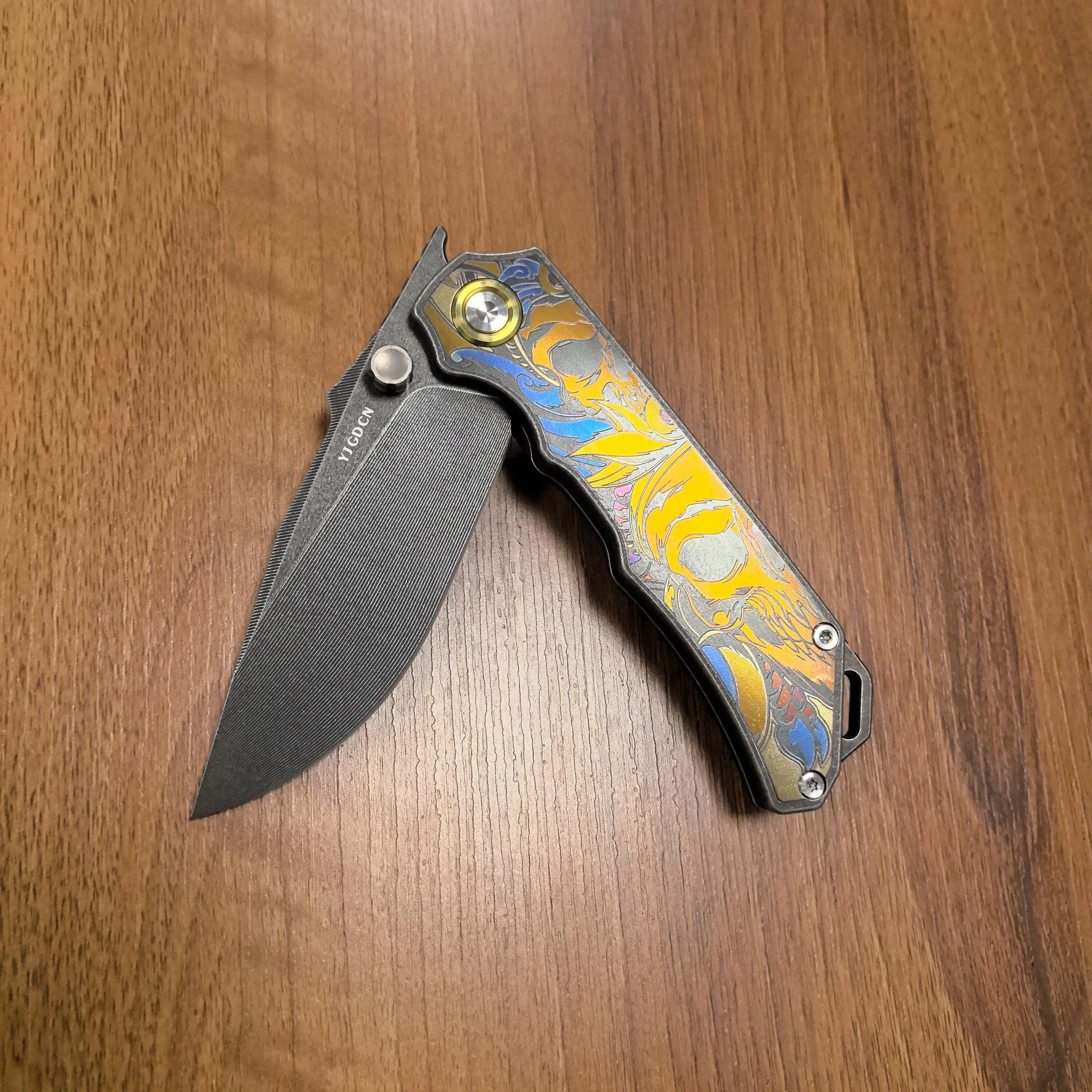 YJGDCN EDC Folding Pocket Knife, TC4 Titanium Handle Golden Skull Dragon Engraving, Outdoor Fruit Knife 2524