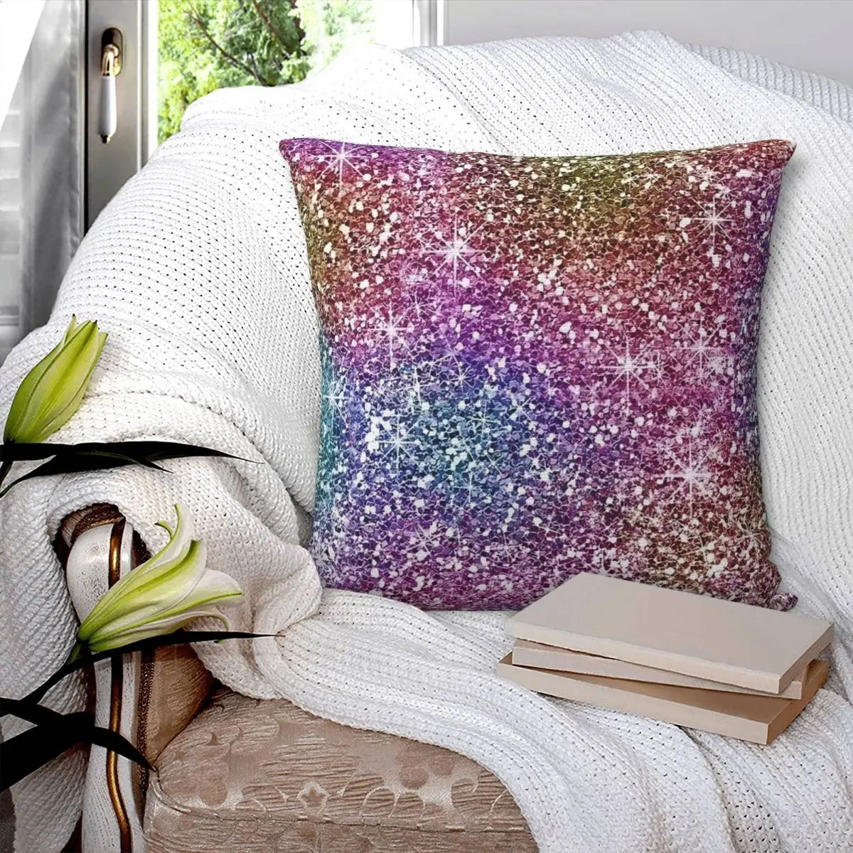 Rainbow Glitter Texture Square Pillowcase Pillow Cover Polyester Cushion Decor Comfort Throw Pillow for Home Bedroom