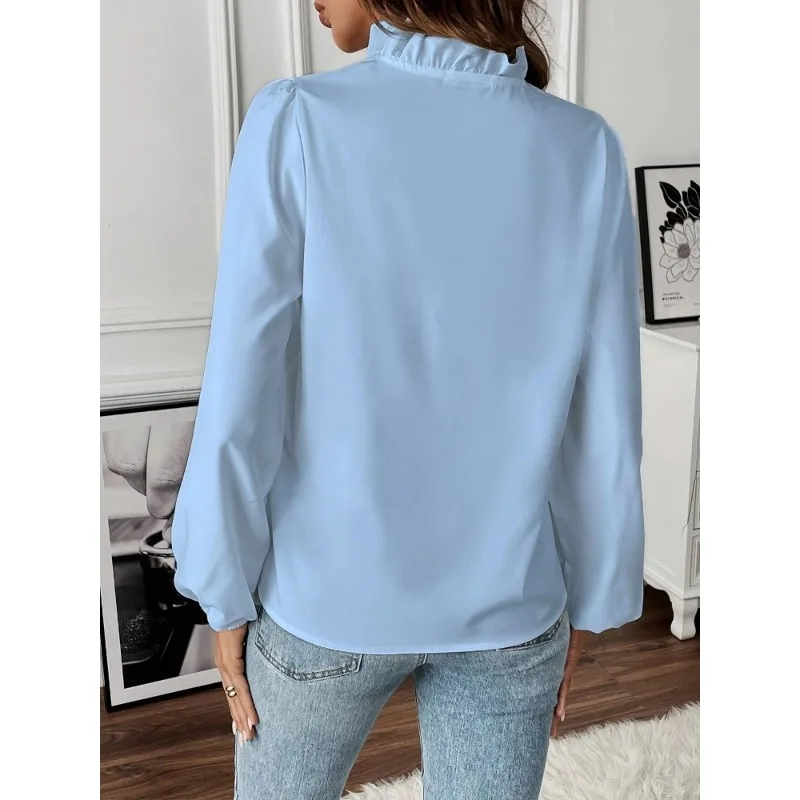 Damska koszula plus size 1XL-5XL, nowa, codzienna i modna, gładka, z koronkowym stójką i długim rękawem.