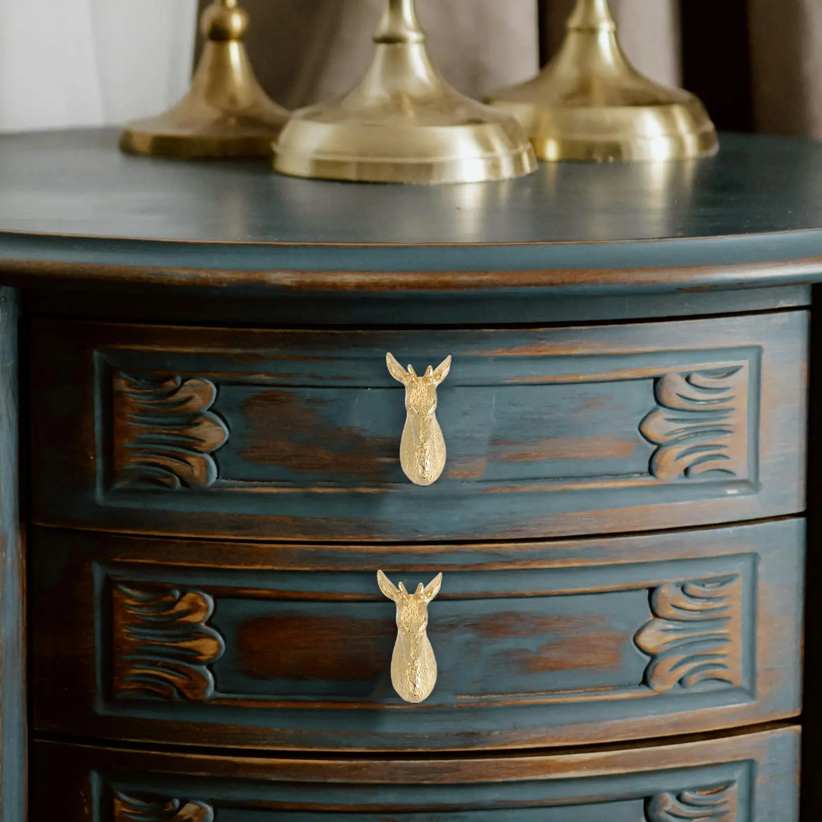 

Brass Deer Head Cabinet Knob Vintage Decorative Handle for Wardrobe Drawer Kitchen Door Animal Pull Deer Head Cabinet Knob