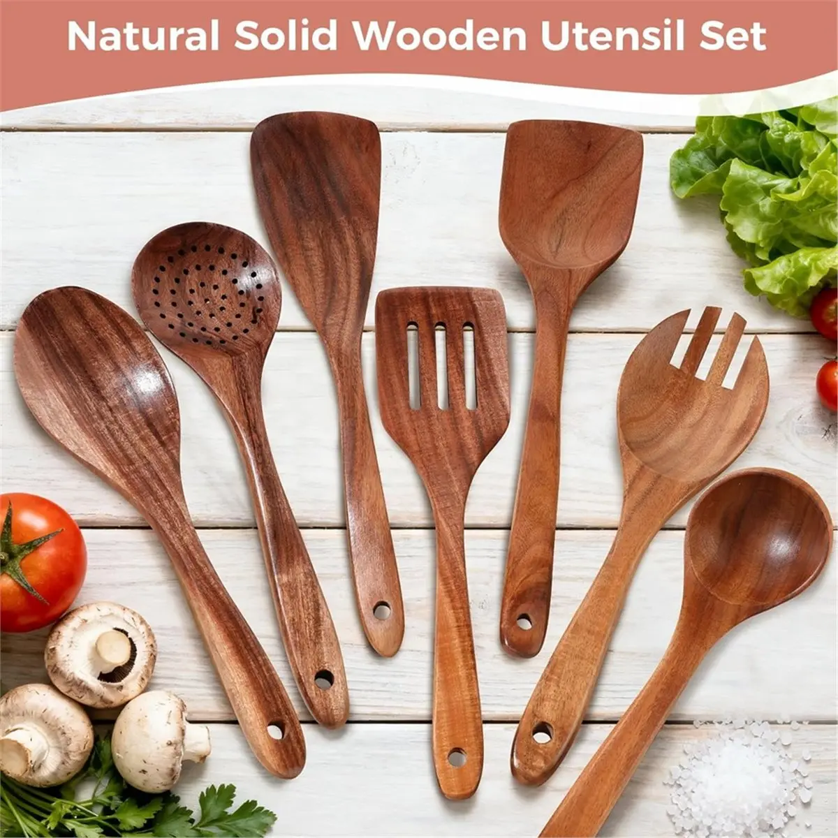 Wooden Spoons for Cooking - 7 Pieces Wooden Kitchen Utensils Set, Natural Wood Utensil Set for Cooking