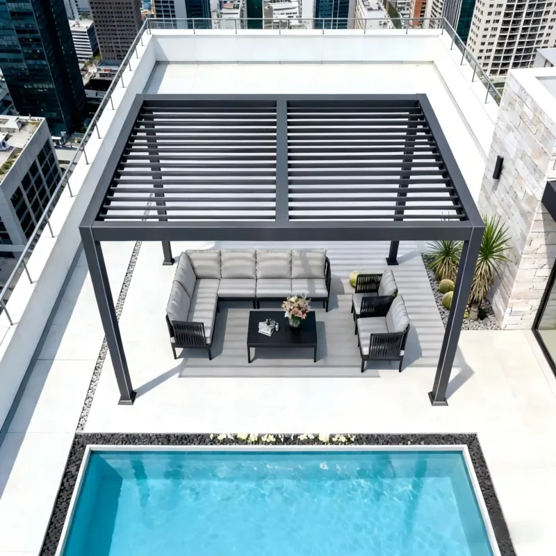 Modern Bioclimatic Pergola Tilting Louvered Roof Motorized Aluminum Gazebo White Pavilion Garden Swimming Pool